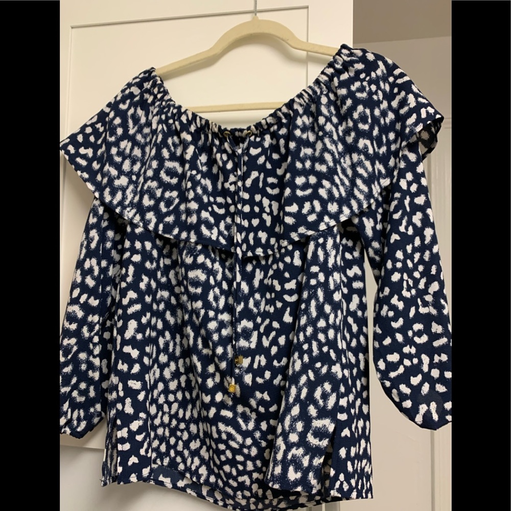 Michael Kors Navy Print Off/on Shoulder Top M